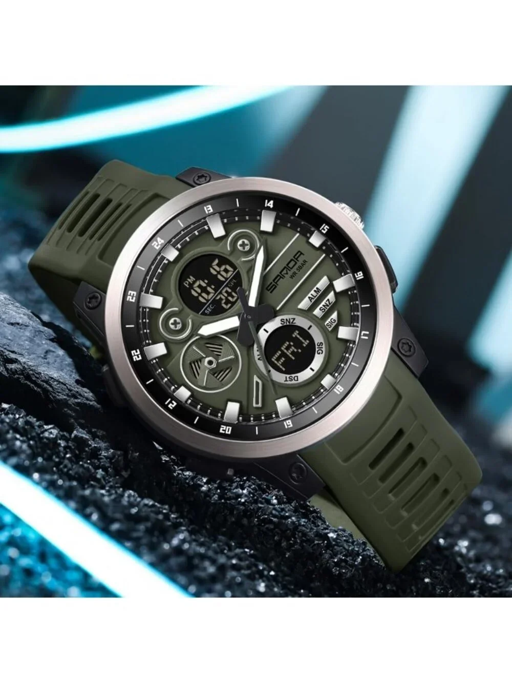 Men's Military Green Analog Quartz Stainless Steel Electronic LED Digital Watch